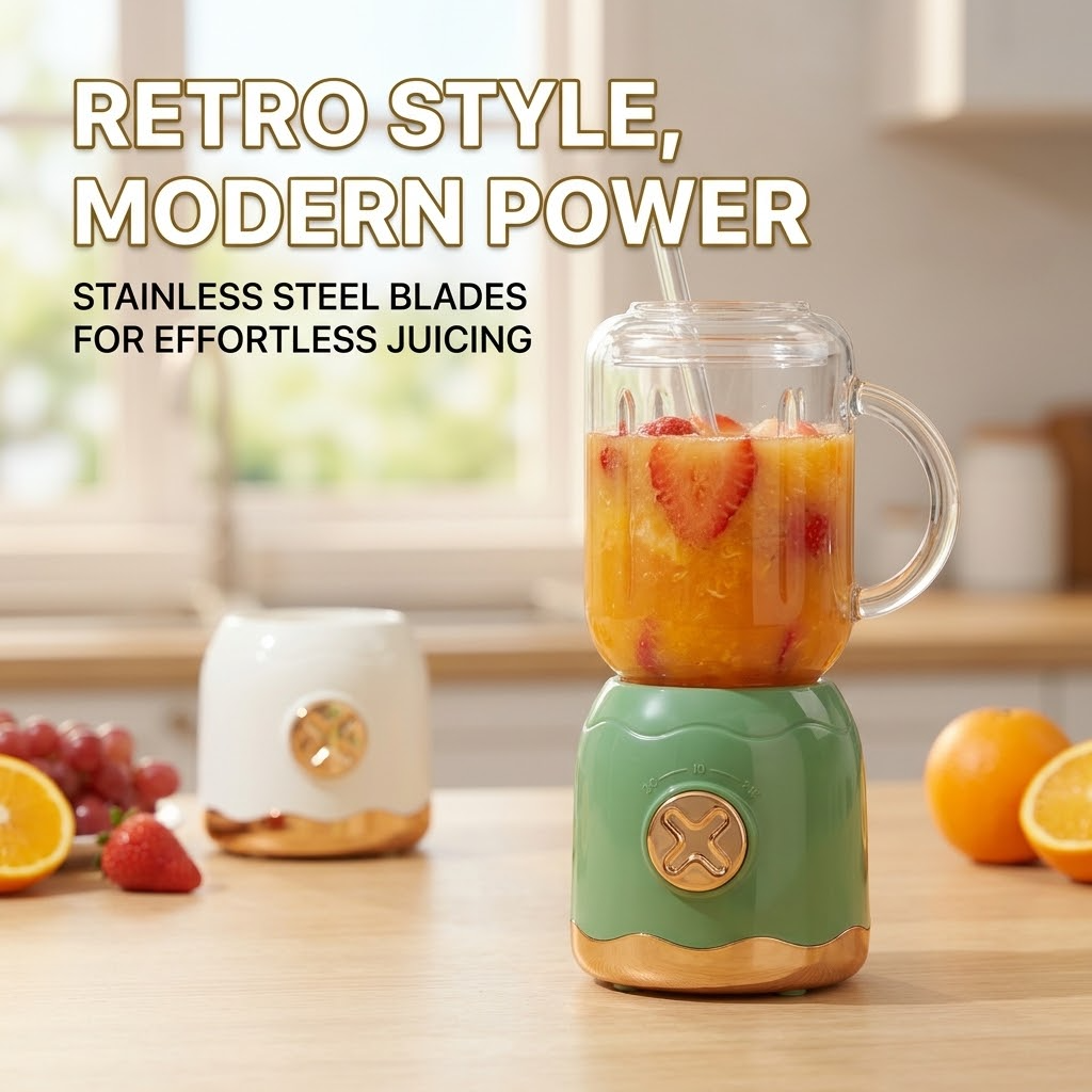 Retro 1L – 20W Stainless Steel Double-Cup Automatic Fruit & Vegetable Juicer