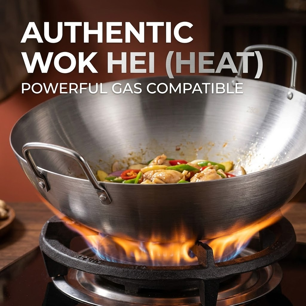 Stainless Steel Wok – Deep Round-Bottom Traditional Cooking Pot with Double Handles