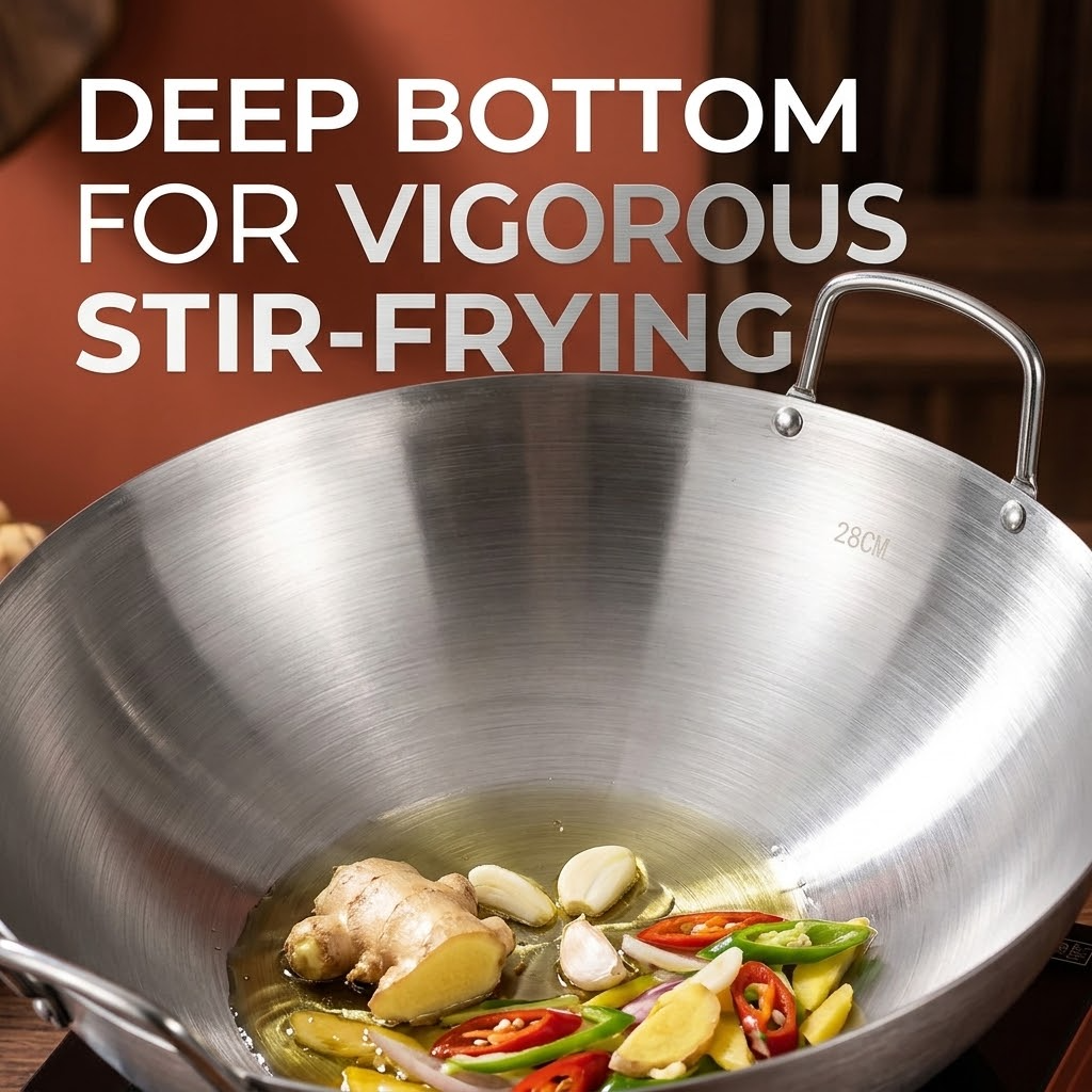 Stainless Steel Wok – Deep Round-Bottom Traditional Cooking Pot with Double Handles