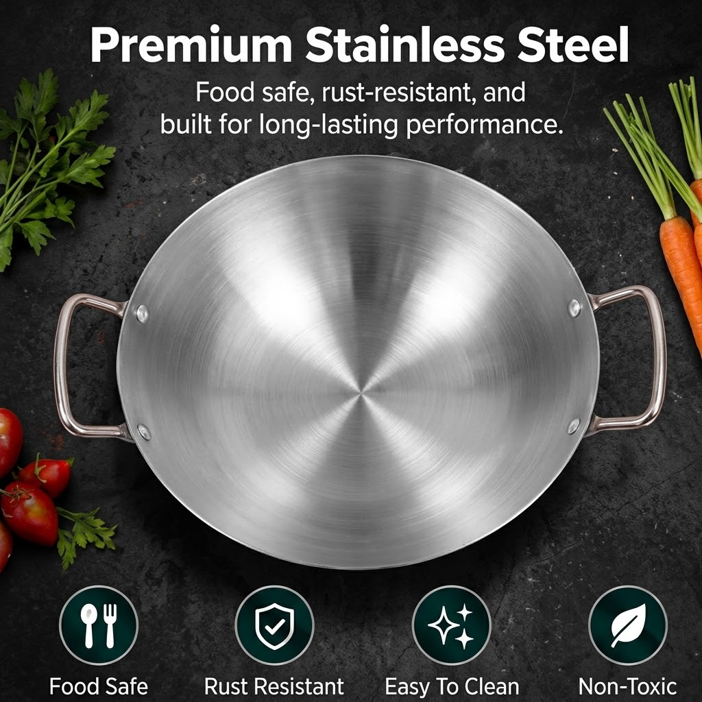 Stainless Steel Wok – Deep Round-Bottom Traditional Cooking Pot with Double Handles