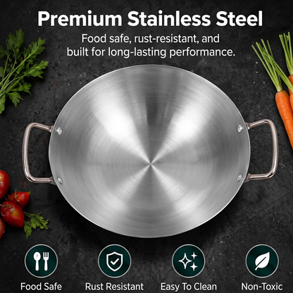 Stainless Steel Wok – Deep Round-Bottom Traditional Cooking Pot with Double Handles