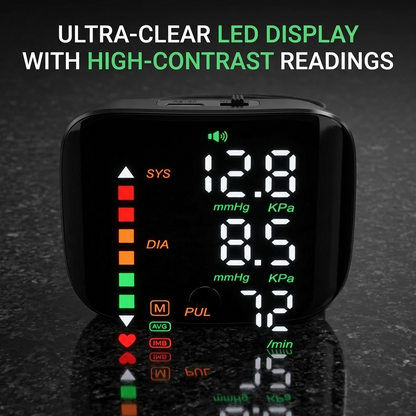 Wrist Blood Pressure Monitor – Digital LED Touch Screen BP Cuff with 99×2 Memory & Carrying Case