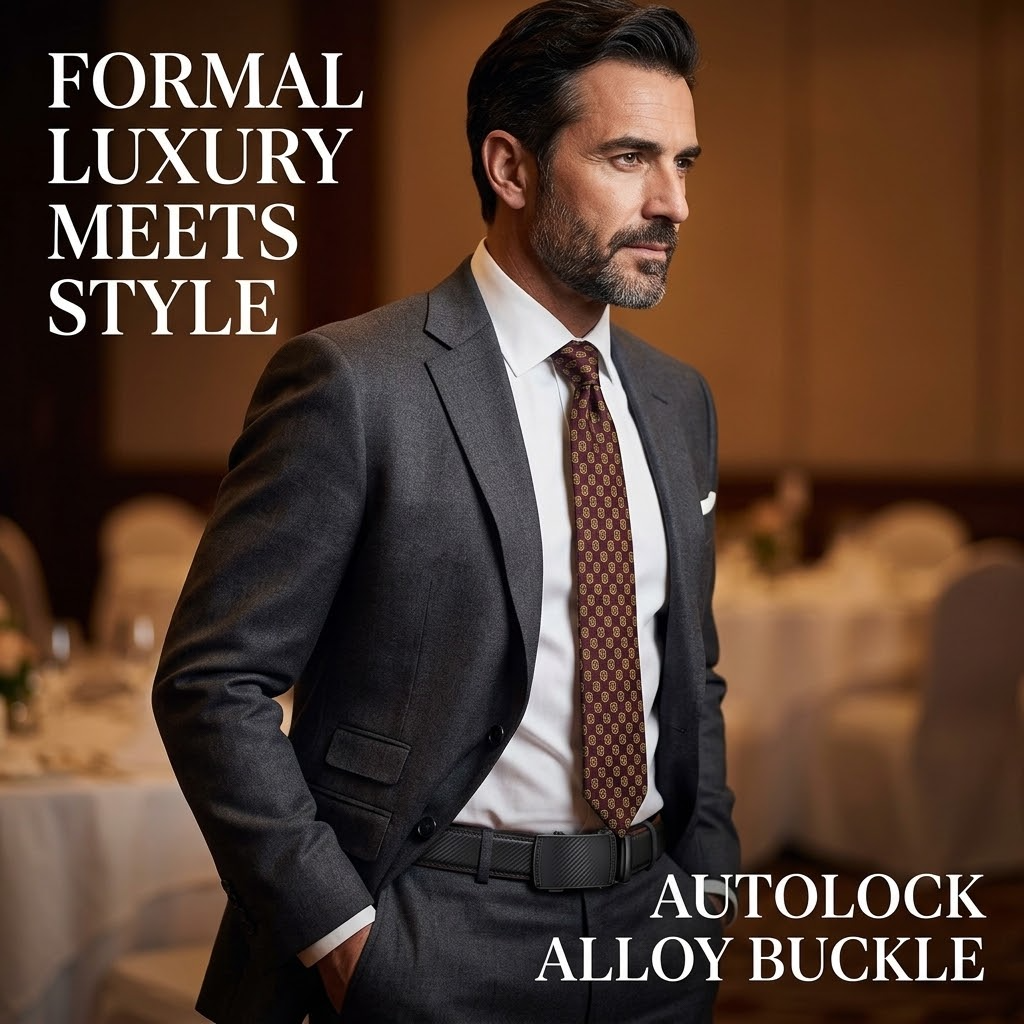 Men’s Genuine Leather Auto-Lock Belt – Fashion Alloy Buckle Formal Luxury Waist Belt