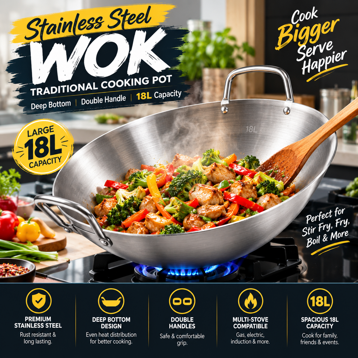 Stainless Steel Wok – Deep Round-Bottom Traditional Cooking Pot with Double Handles