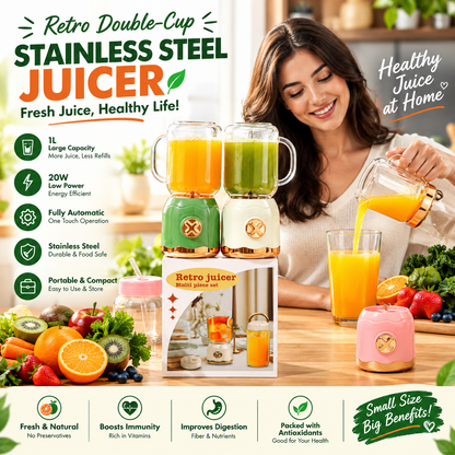 Retro 1L – 20W Stainless Steel Double-Cup Automatic Fruit & Vegetable Juicer