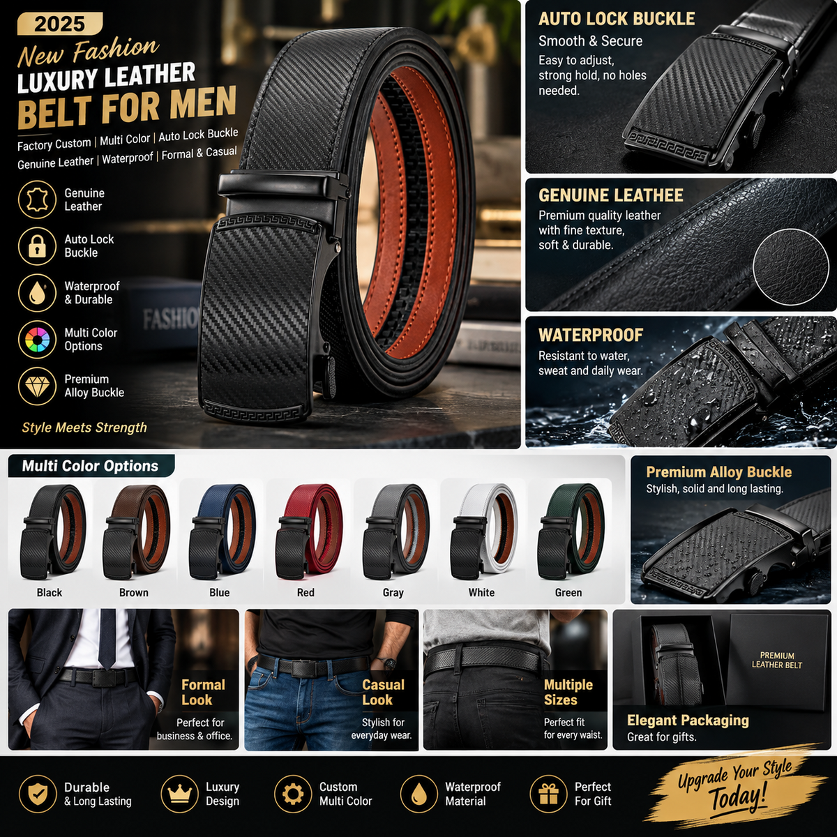 Men’s Genuine Leather Auto-Lock Belt – Fashion Alloy Buckle Formal Luxury Waist Belt